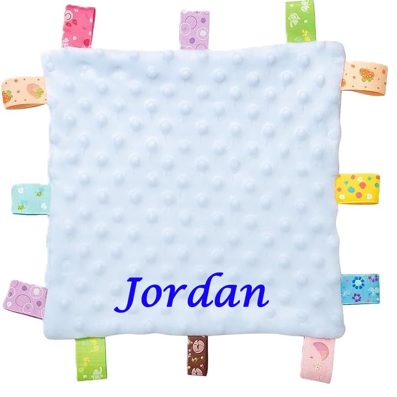 Personalised Baby Name Embroidered Ribbon Taggy Blanket Comforter Baby Comforter with Sensory Tags, Soothing Blanket for Newborns and Toddlers, Soft Taggie Blanket