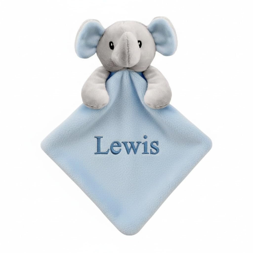 Personalised Baby Soft Touch Elephant Comforter Blanket, Security Blankie, Blue Pink White Embroidered with a name of your choice