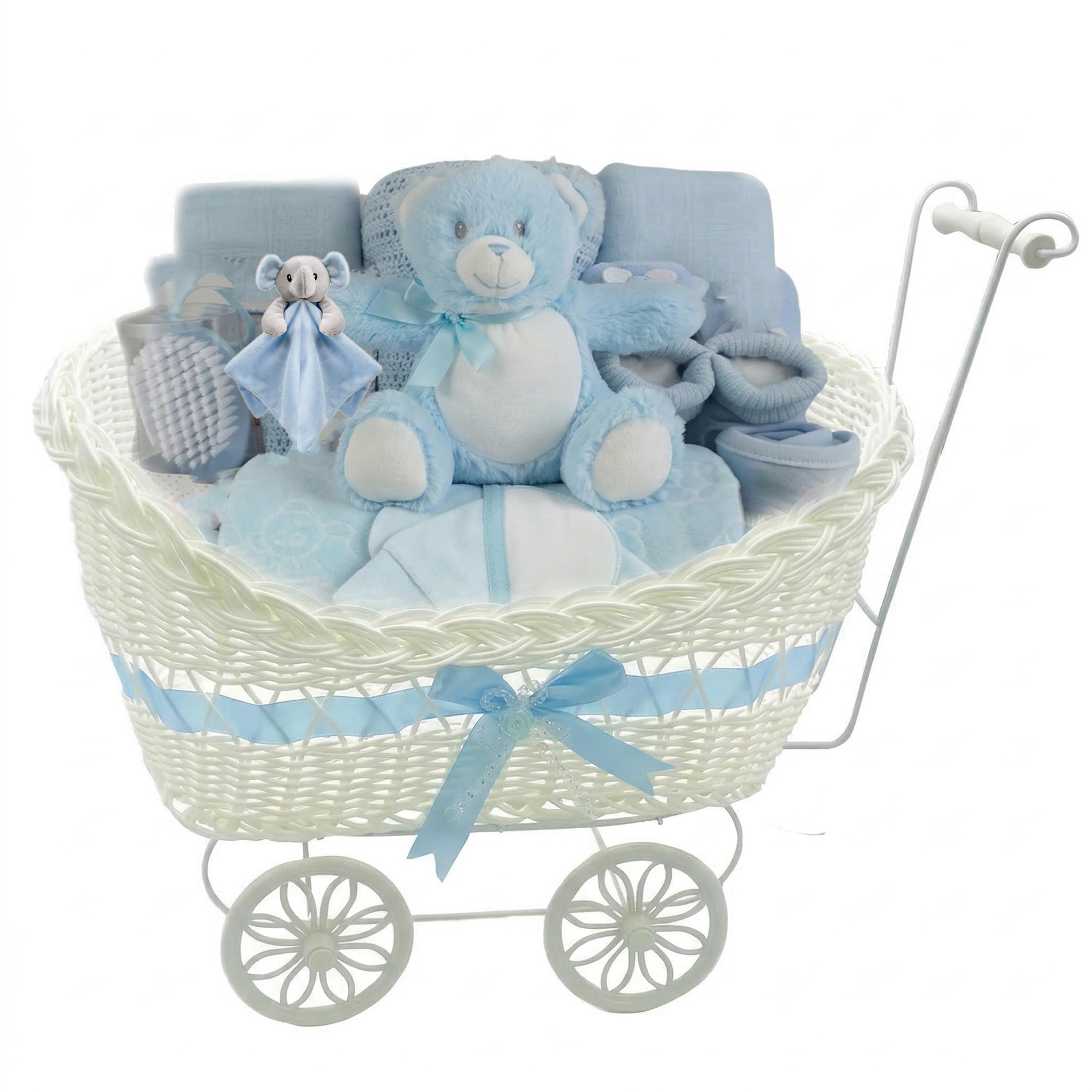 Baby Gift Hamper Basket with Pram, Blue Newborn Boy Essentials Set, Includes Hooded Towel, Muslin Cloth, Fleece Blanket, Bear Comforter, Bib, Bodysuit, Booties