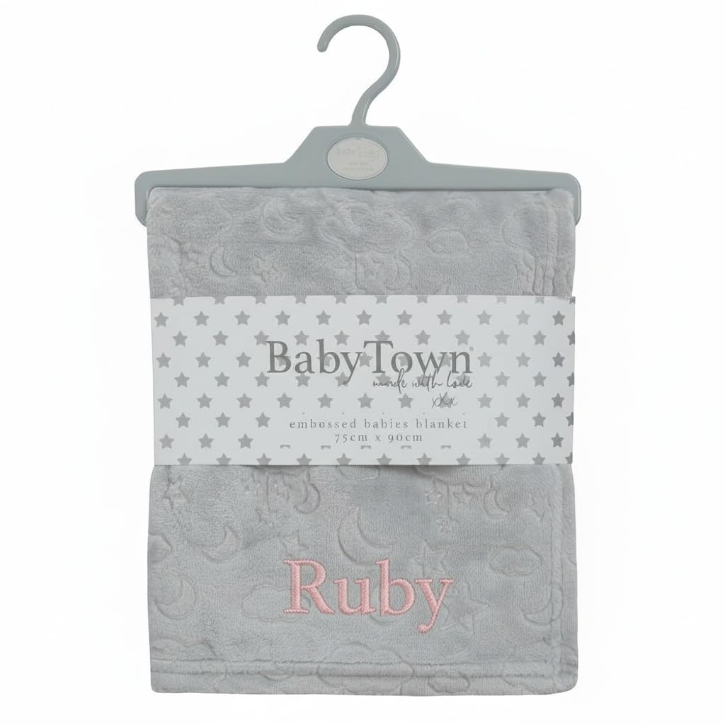 Personalised Embossed moon stars blanket Baby Blanket, Soft Fleece, Grey, 75 x 90cm, Newborn to Toddler Personalised with a name of your choice.