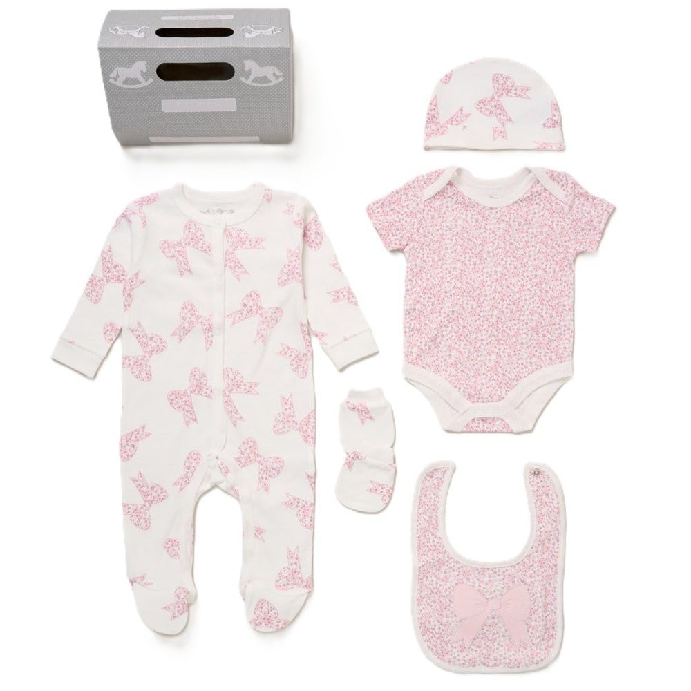 Baby Girls Bow Floral 6 Piece Mesh Bag Gift Set (NB-6 Months)