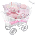 Baby Girl Gift Hamper Basket with Pram, Pink Newborn Girl Essentials Set, Includes Hooded Towel, Muslin Cloth, Fleece Blanket, Bear Comforter, Bib, Bodysuit, Booties