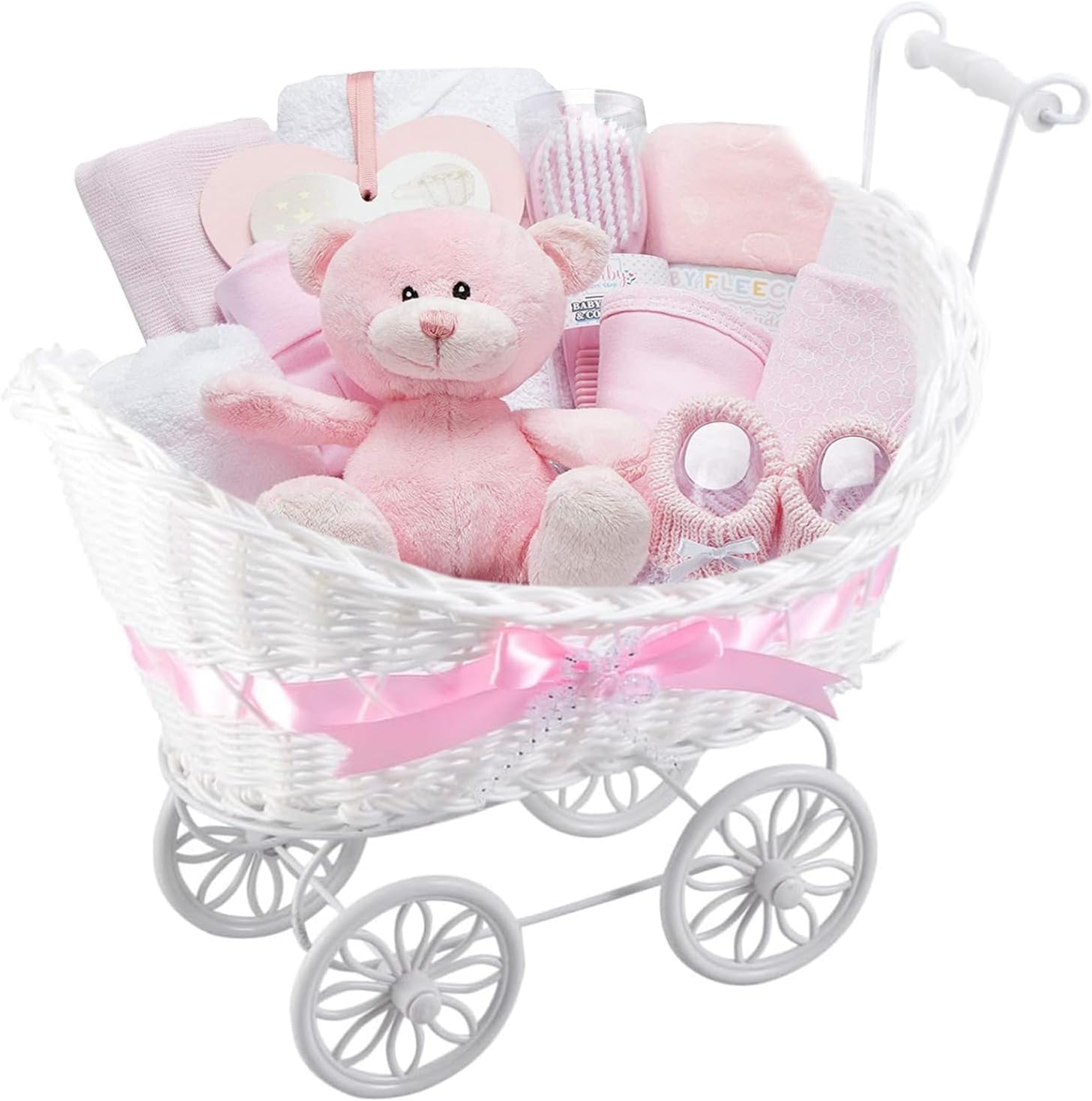 Baby Girl Gift Hamper Basket with Pram, Pink Newborn Girl Essentials Set, Includes Hooded Towel, Muslin Cloth, Fleece Blanket, Bear Comforter, Bib, Bodysuit, Booties
