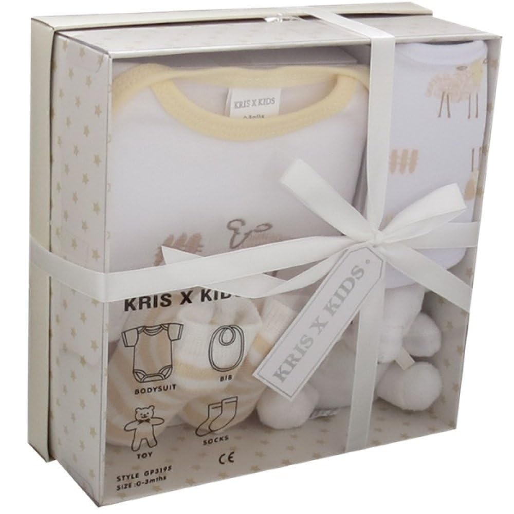 Kris X Kids 4 Piece Luxury Boxed Gift Set, Cream, 0-3 Months, 100% Cotton, Includes Bodysuit, Bib, Teddy, Socks