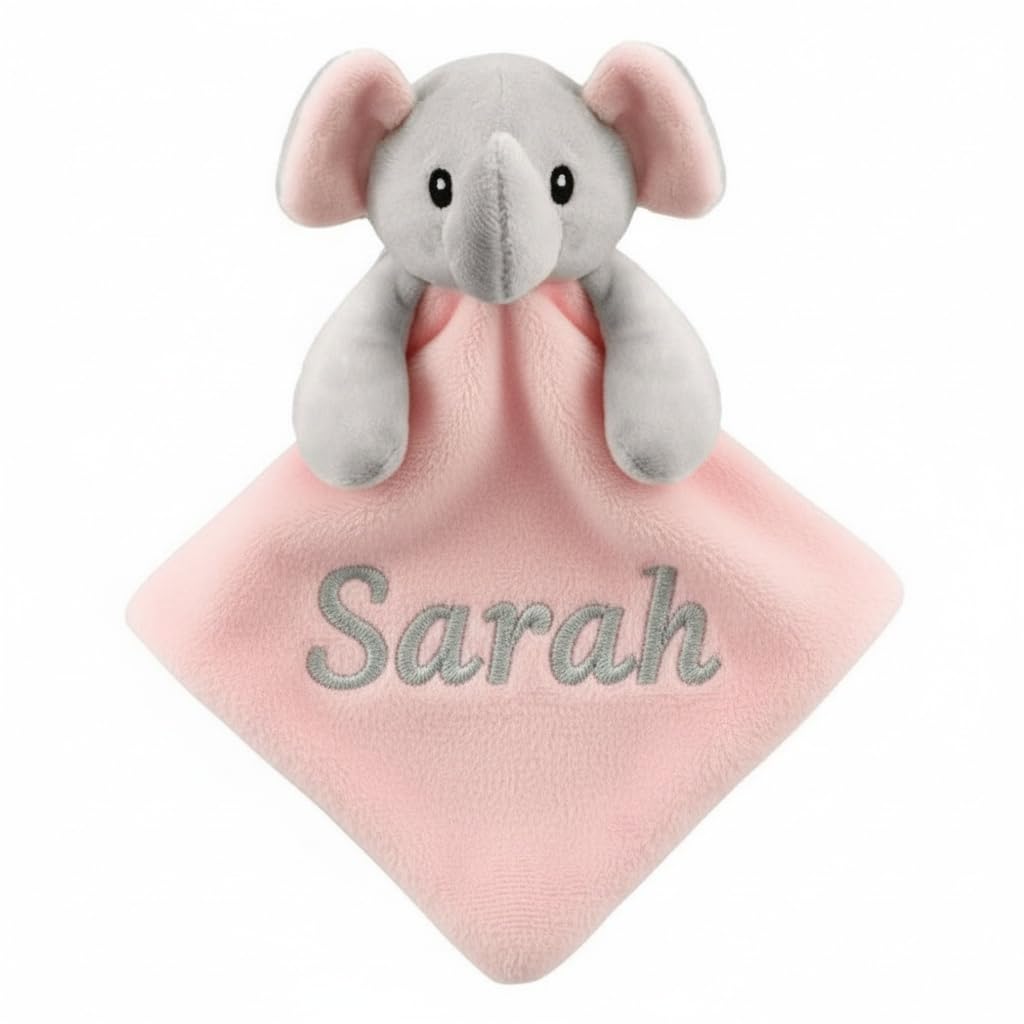 Personalised Baby Soft Touch Elephant Comforter Blanket, Security Blankie, Blue Pink White Embroidered with a name of your choice