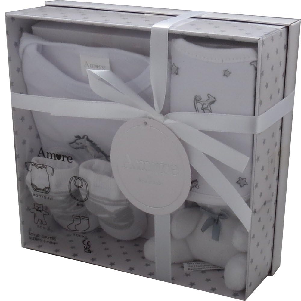 4 Piece Luxury Boxed Gift Set, White, 0-3 Months, 100% Cotton, Includes Bodysuit, Bib, Teddy, Socks