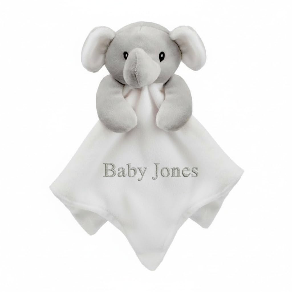 Personalised Baby Soft Touch Elephant Comforter Blanket, Security Blankie, Blue Pink White Embroidered with a name of your choice