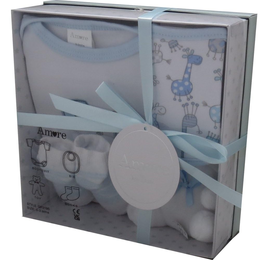 Kris X Kids 4 Piece Luxury Boxed Gift Set, Blue, 0-3 Months, 100% Cotton, Includes Bodysuit, Bib, Teddy, Socks