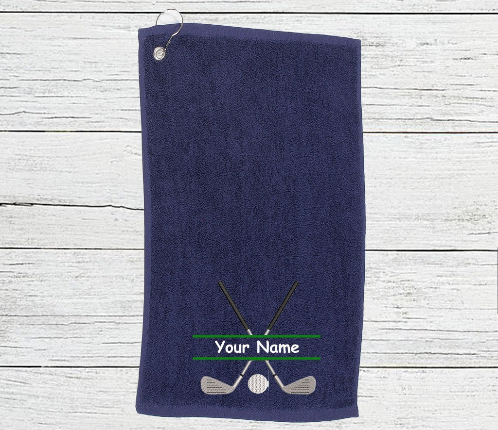 Personalised golf towel embroidered with golf clubs and name Choice of 6 Colours