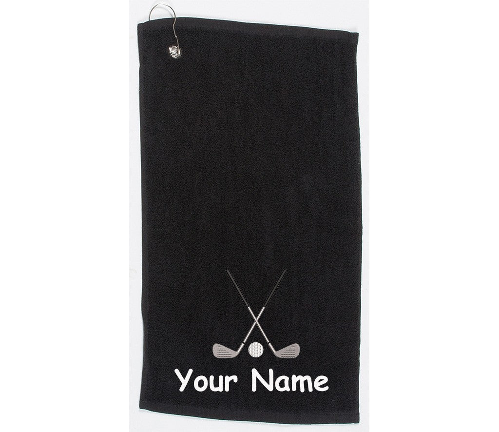 Personalised golf towel embroidered with golf clubs and name  Choice of Colours