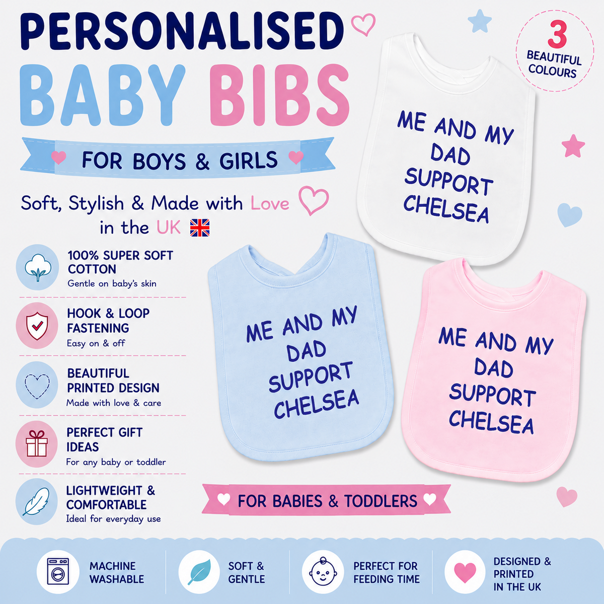 Me And My Dad Supports CHELSEA Baby Bib choice of colours Baby Feeding Bib Gift