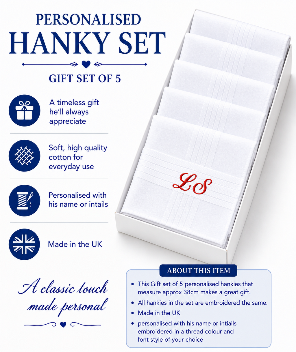 Personalised Handkerchief Embroidered Name 100% Cotton 5 white Hankys 40cm