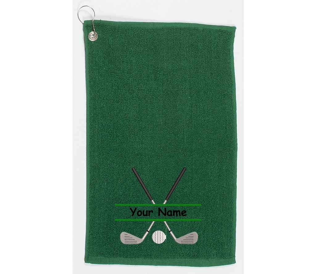 Personalised golf towel embroidered with golf clubs and name Choice of 6 Colours