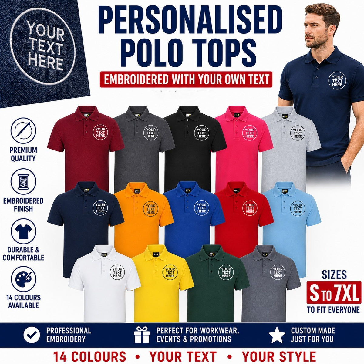 Personalised Embroidered Your Text Polo Shirt, Casual Workwear Unisex Top