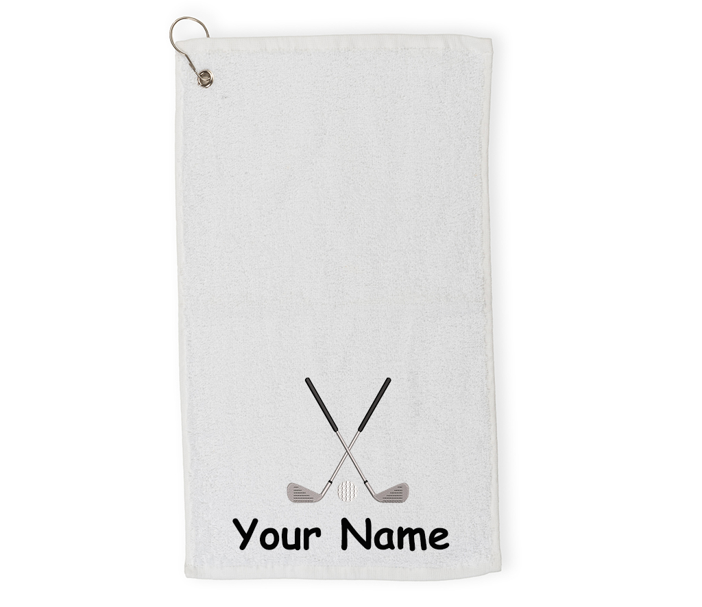 Personalised golf towel embroidered with golf clubs and name  Choice of Colours