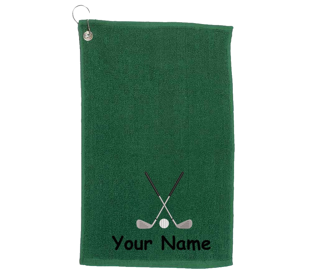 Personalised golf towel embroidered with golf clubs and name  Choice of Colours