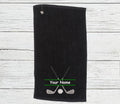 Personalised golf towel embroidered with golf clubs and name Choice of 6 Colours
