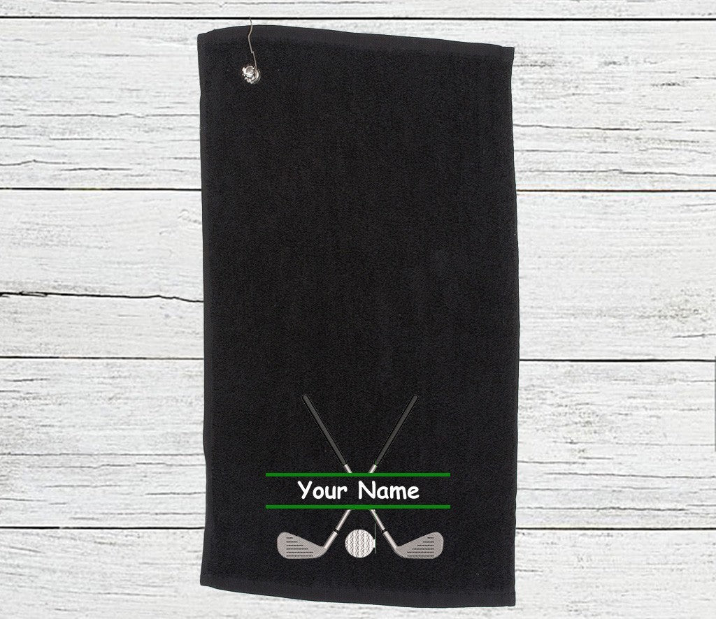 Personalised golf towel embroidered with golf clubs and name Choice of 6 Colours
