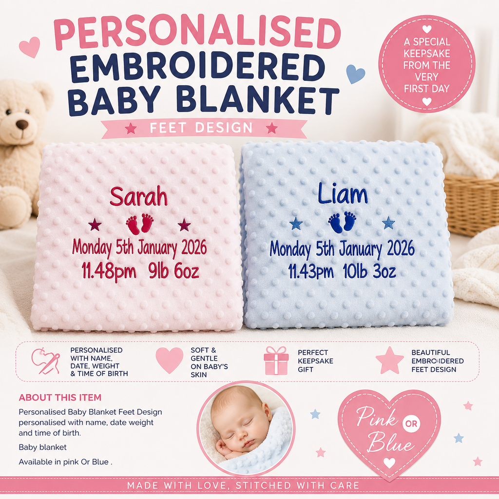 Personalised Embroidered Baby Dimple Blanket With Name And Date  Pink or Blue