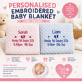 Personalised Embroidered Baby Dimple Blanket With Name And Date  Pink or Blue