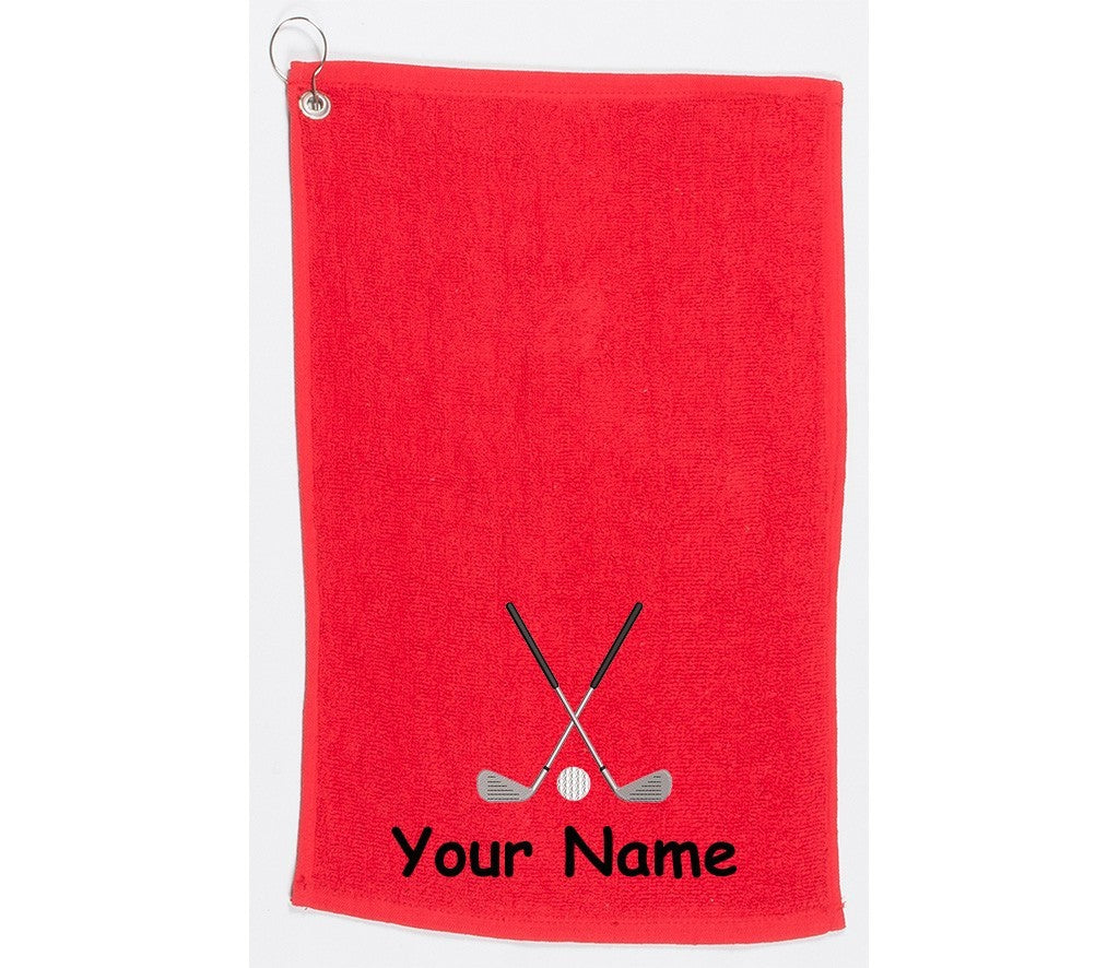 Personalised golf towel embroidered with golf clubs and name  Choice of Colours