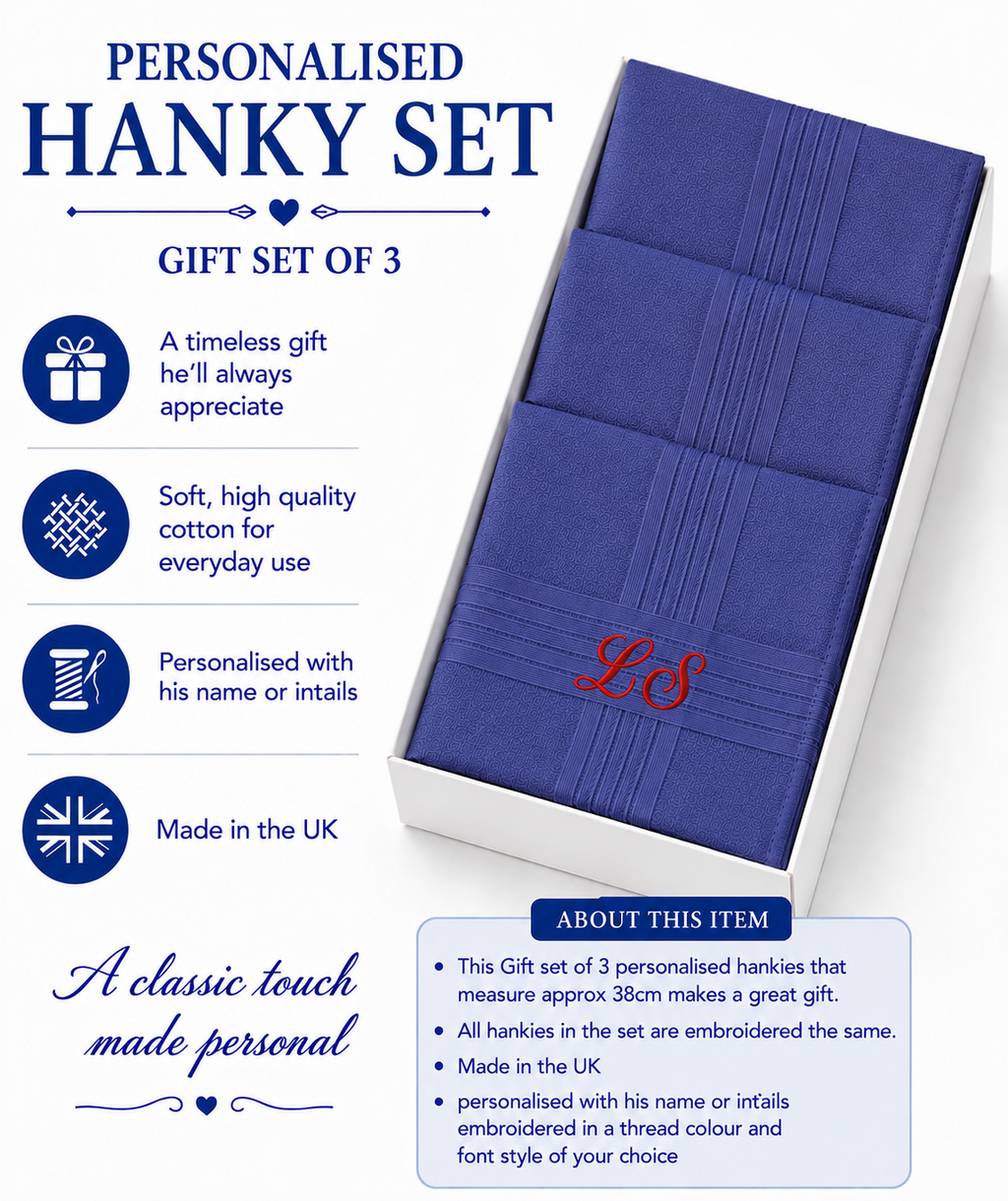 Personalised Handkerchief Embroidered Name 100% Cotton 3 Dark Blue Hankys 40cm