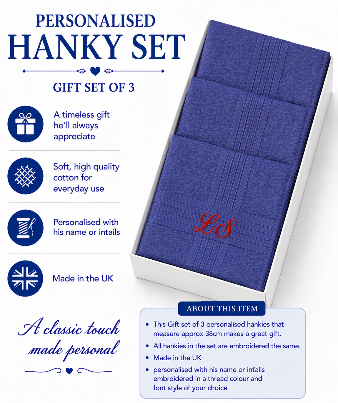 Personalised Handkerchief Embroidered Name 100% Cotton 3 Dark Blue Hankys 40cm