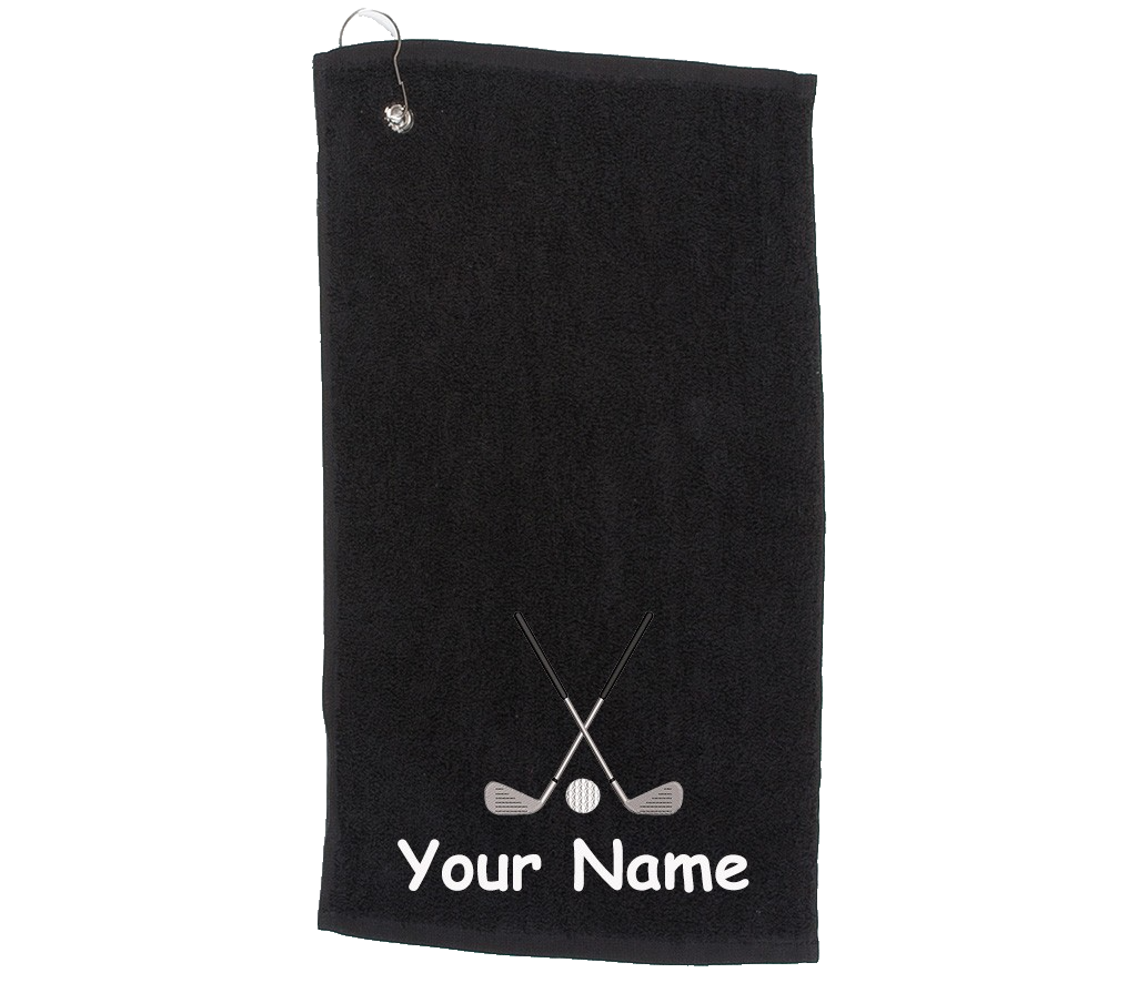 Personalised golf towel embroidered with golf clubs and name  Choice of Colours