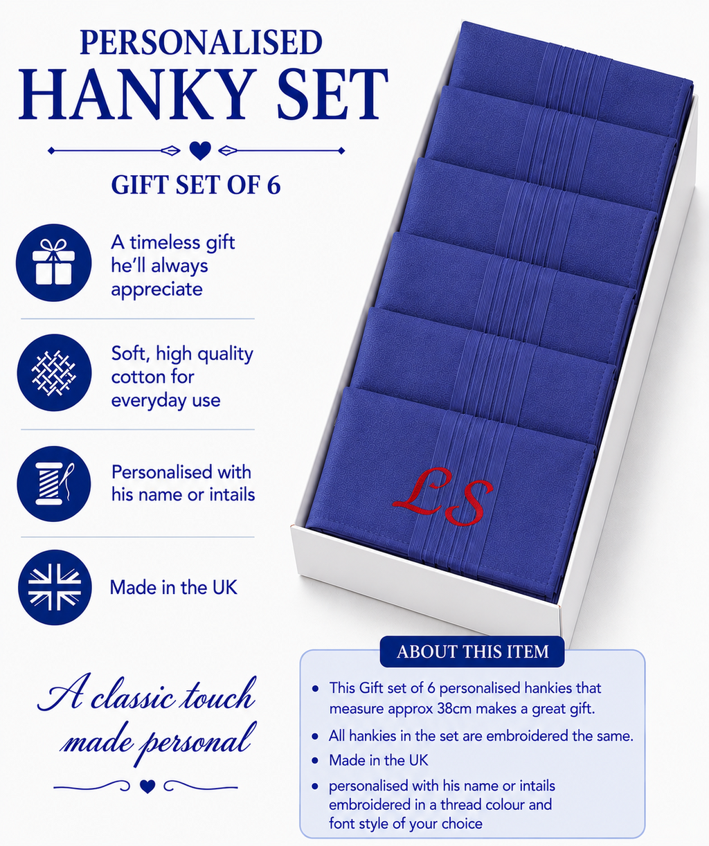 Personalised Handkerchiefs Embroidered Name 100% Cotton 6 Dark Blue Hankys 40cm