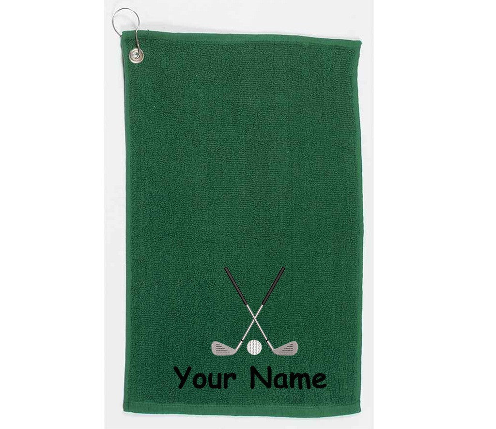 Personalised golf towel embroidered with golf clubs and name  Choice of Colours
