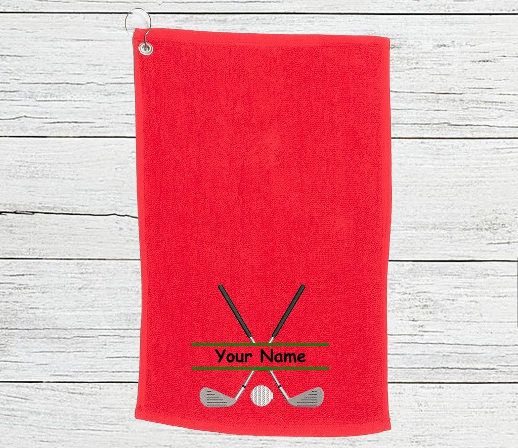 Personalised golf towel embroidered with golf clubs and name Choice of 6 Colours