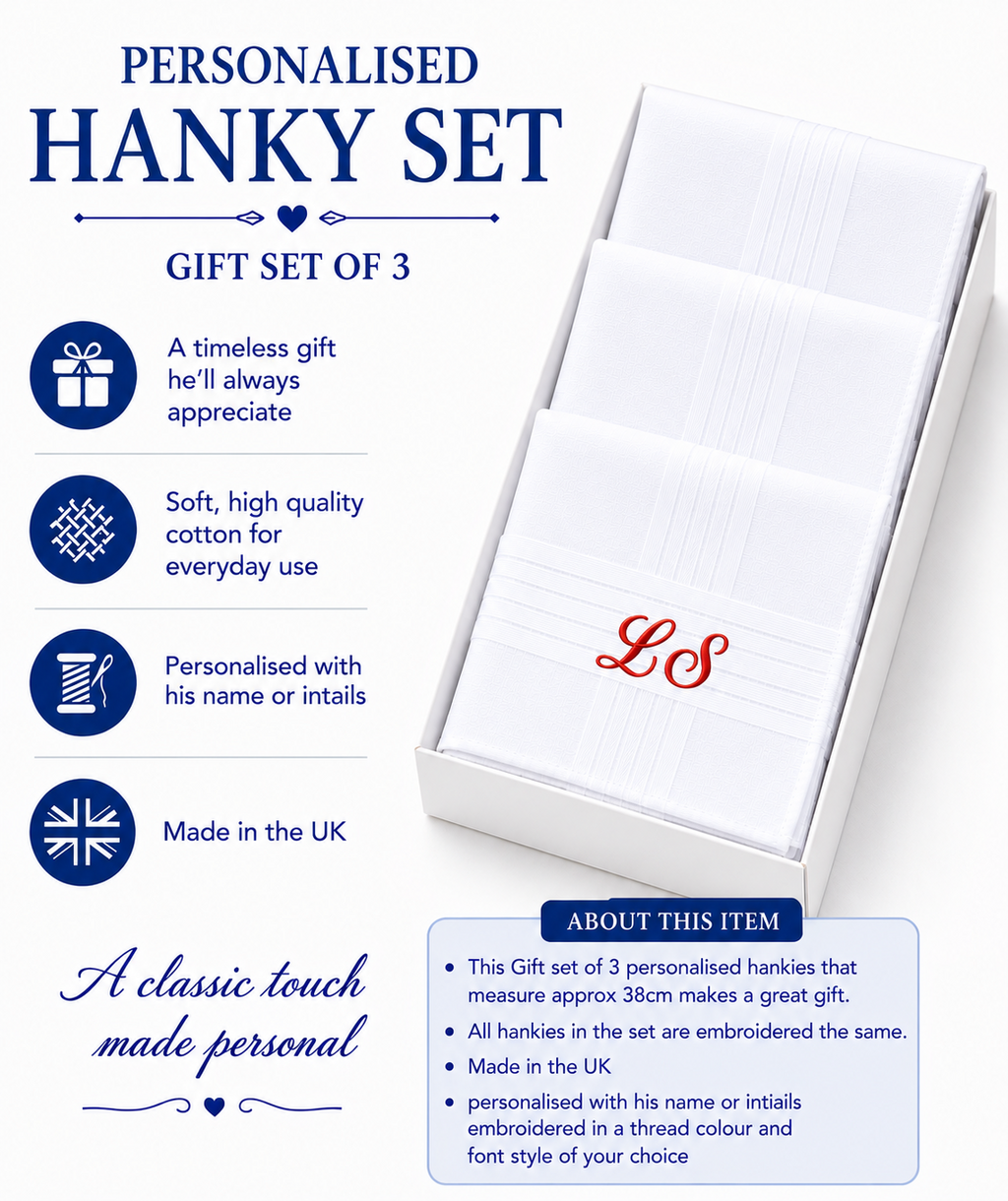 Personalised Handkerchief Embroidered Name 100% Cotton 3 white Hankys 40cm