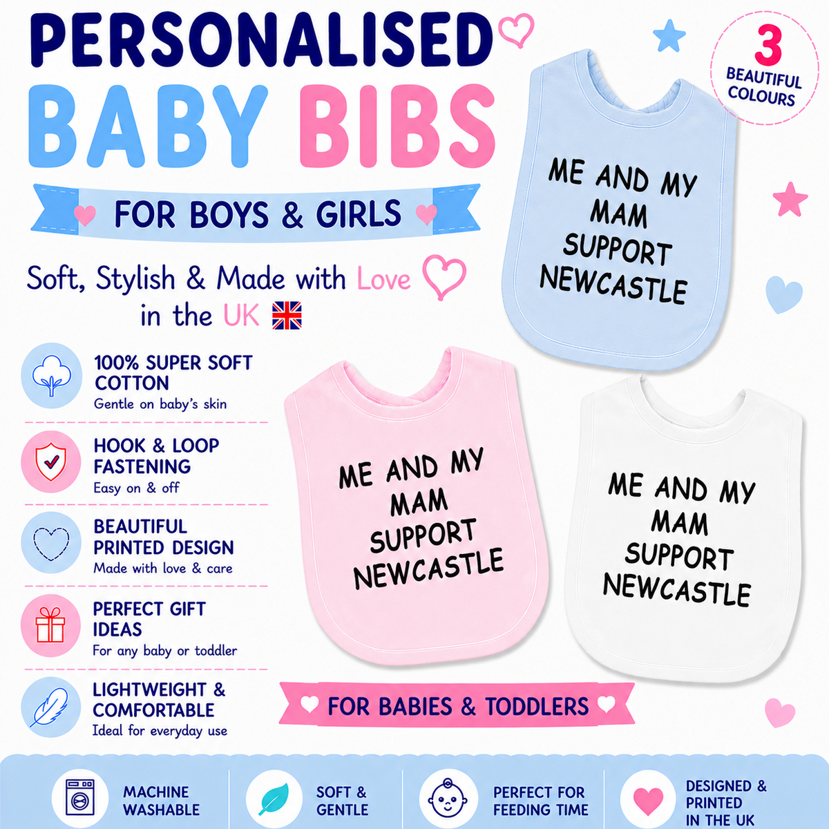 Me And My Mam Supports NEWCASTLE Baby Bib choice of colours Baby Feeding Bib