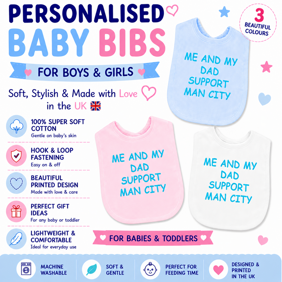 Me And My Dad Supports MAN CITY Baby Bib choice of colours Baby Feeding Bib