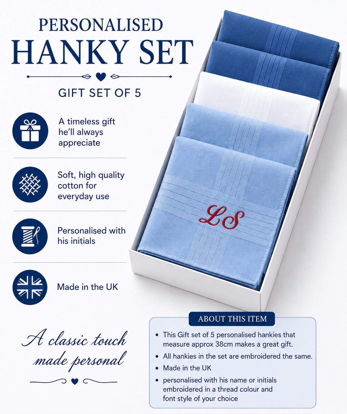 Personalised Handkerchief Embroidered Name 100% Cotton white and blue  Hanky set