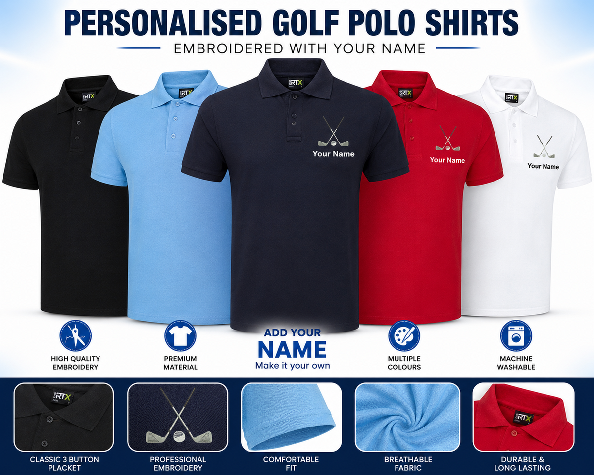 Personalised Golf Polo Shirt embroidered with golf clubs and name or initials