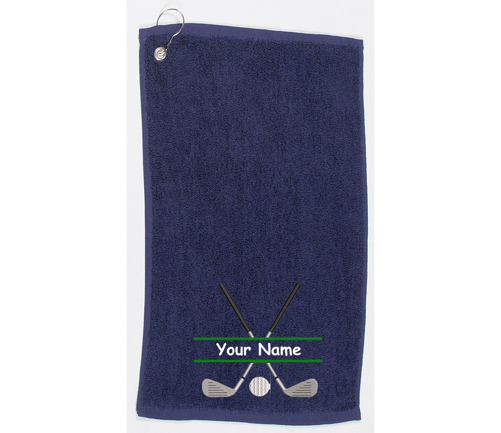 Personalised golf towel embroidered with golf clubs and name Choice of 6 Colours