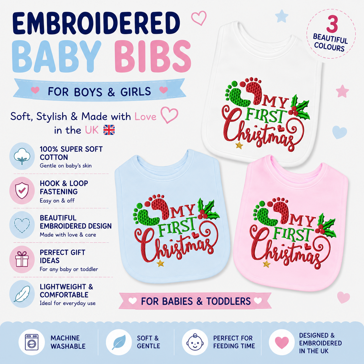 My First Christmas Baby Bib EMBROIDERED Baby Bib