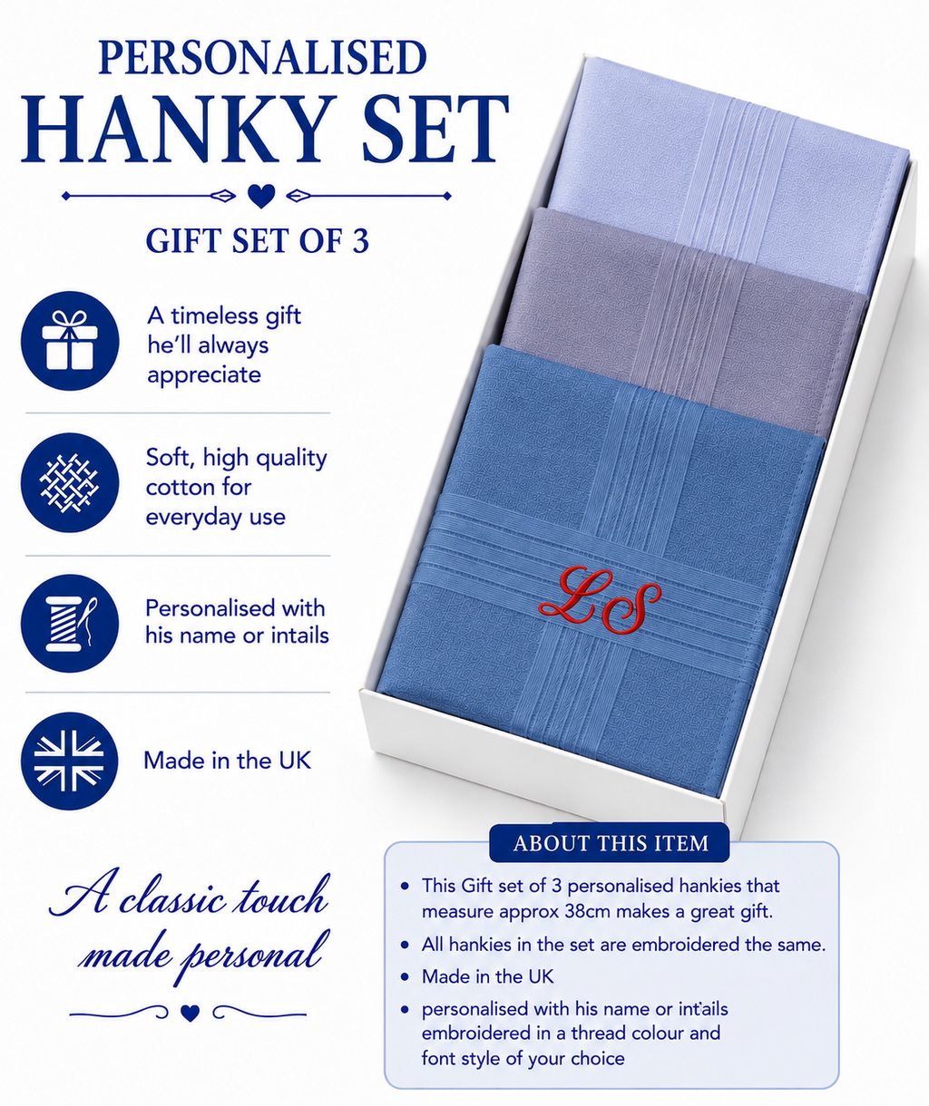 Personalised Handkerchief Embroidered Name 100% Cotton Blue Hankys 40cm