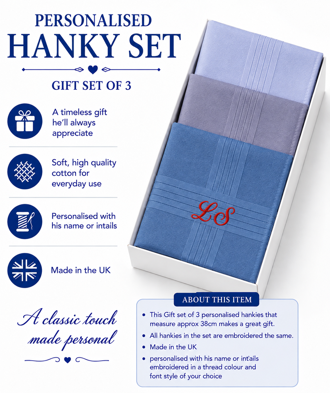 Personalised Handkerchief Embroidered Name 100% Cotton Blue Hankys 40cm