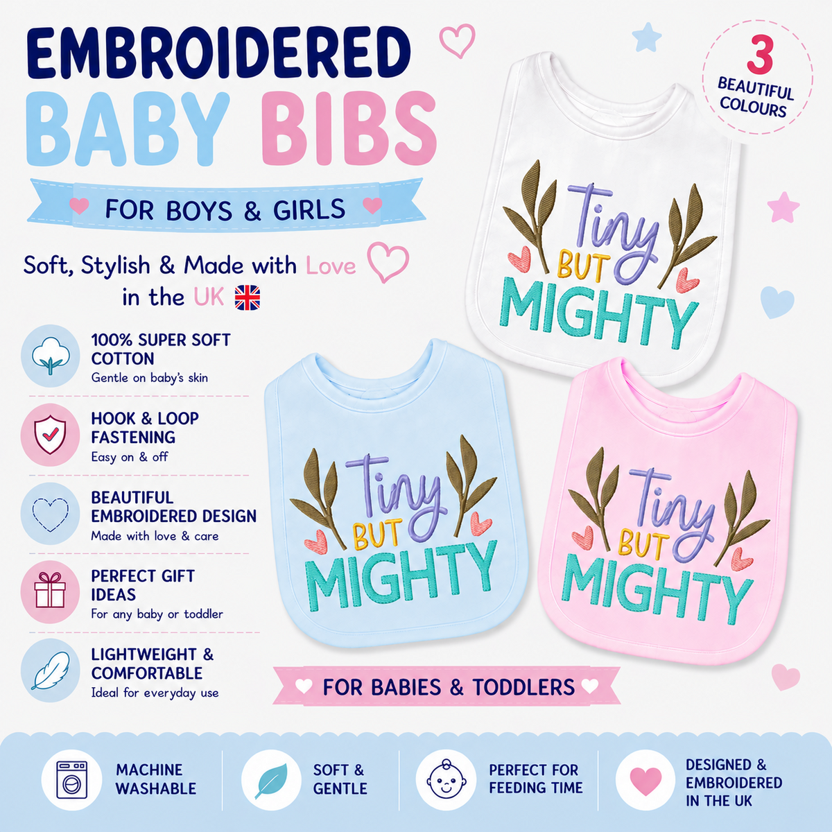 Novelty Baby Bib TINY BUT MIGHTY  EMBROIDERED Baby Bib