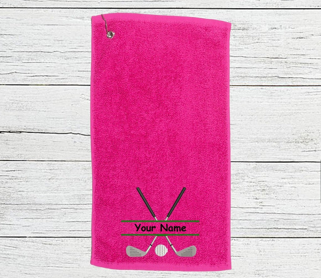 Personalised golf towel embroidered with golf clubs and name Choice of 6 Colours