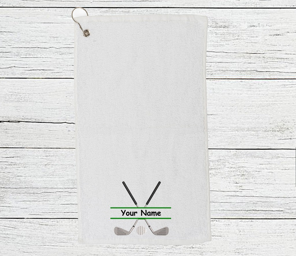 Personalised golf towel embroidered with golf clubs and name Choice of 6 Colours