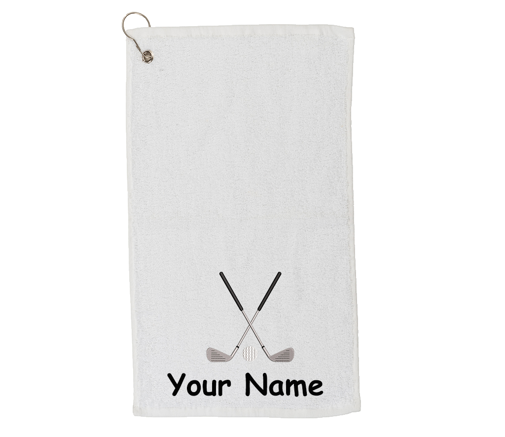Personalised golf towel embroidered with golf clubs and name  Choice of Colours