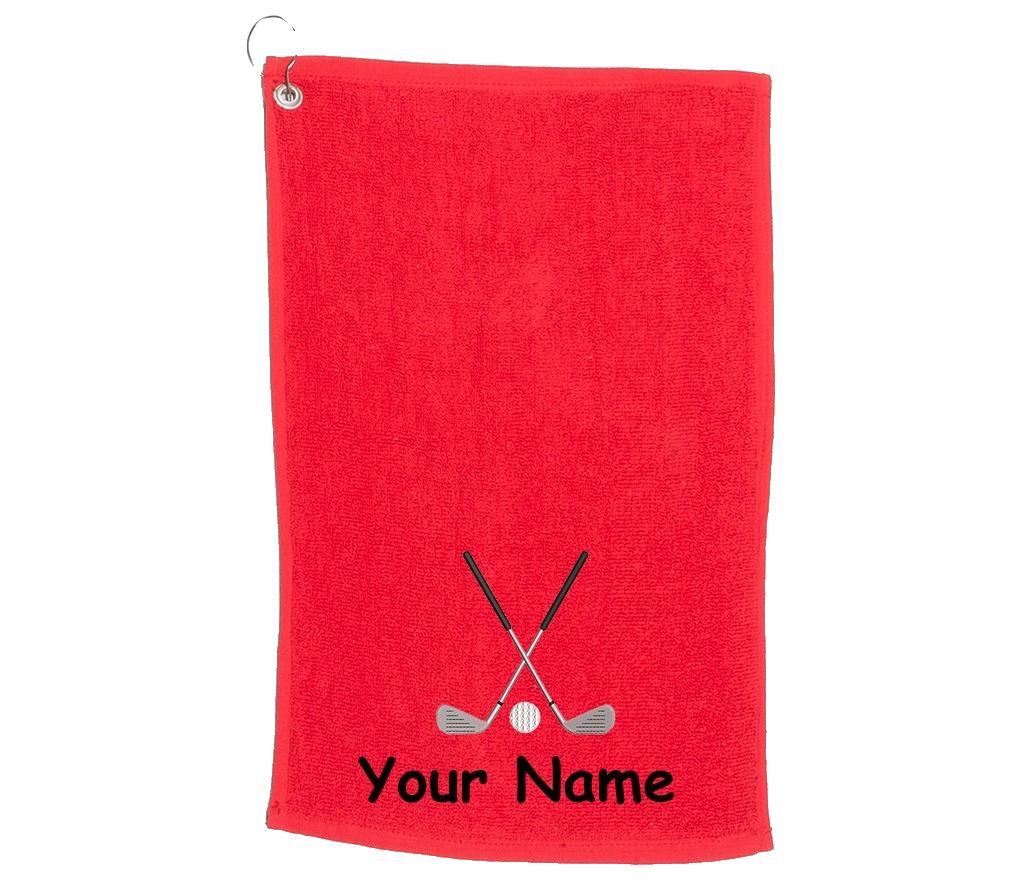 Personalised golf towel embroidered with golf clubs and name  Choice of Colours