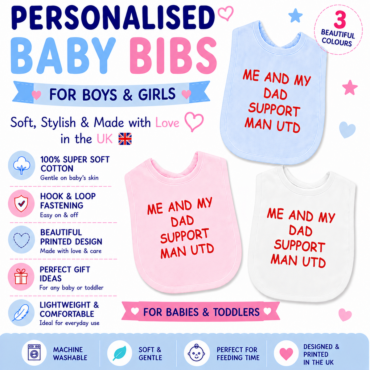 Me And My Dad Supports MAN UTD Baby Bib choice of colours Baby Feeding Bib Gift