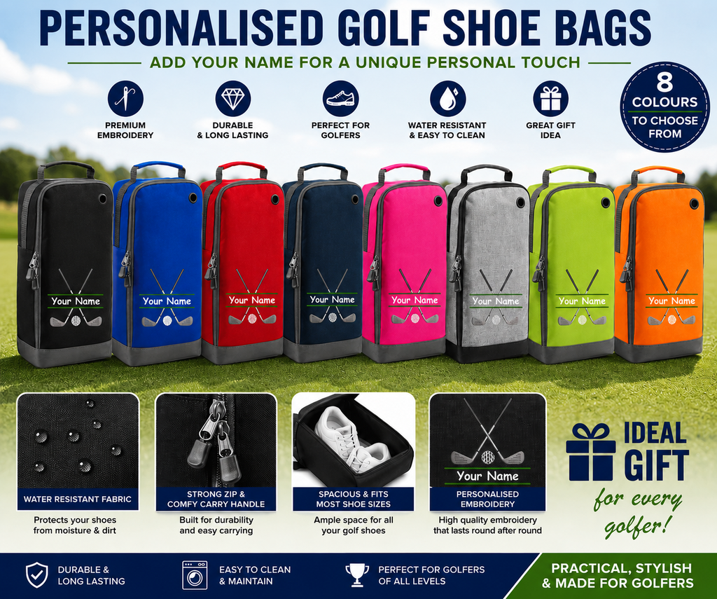 Personalised golf shoe bag embroidered with golf clubs and name/initials