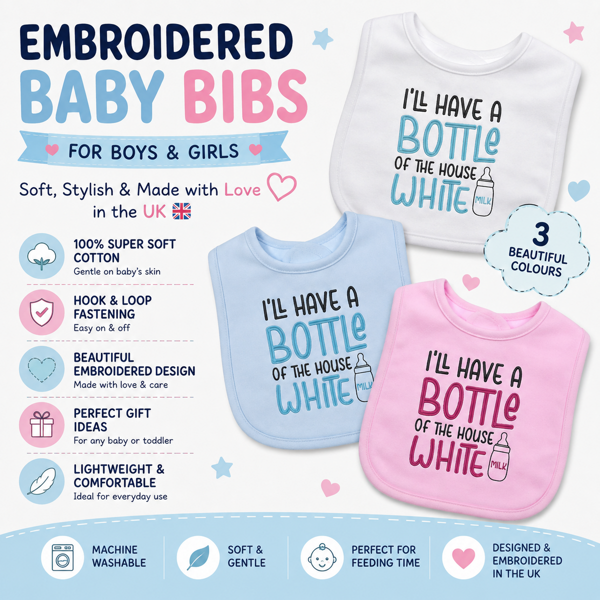 Novelty Baby Bib I'll have a Bottle of the House White  EMBROIDERED Baby Bib
