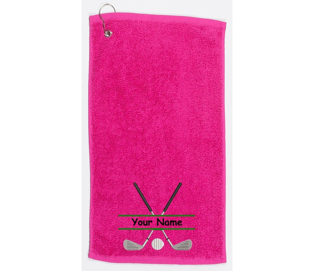 Personalised golf towel embroidered with golf clubs and name Choice of 6 Colours