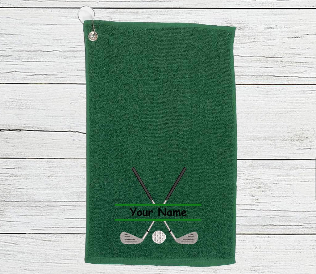 Personalised golf towel embroidered with golf clubs and name Choice of 6 Colours